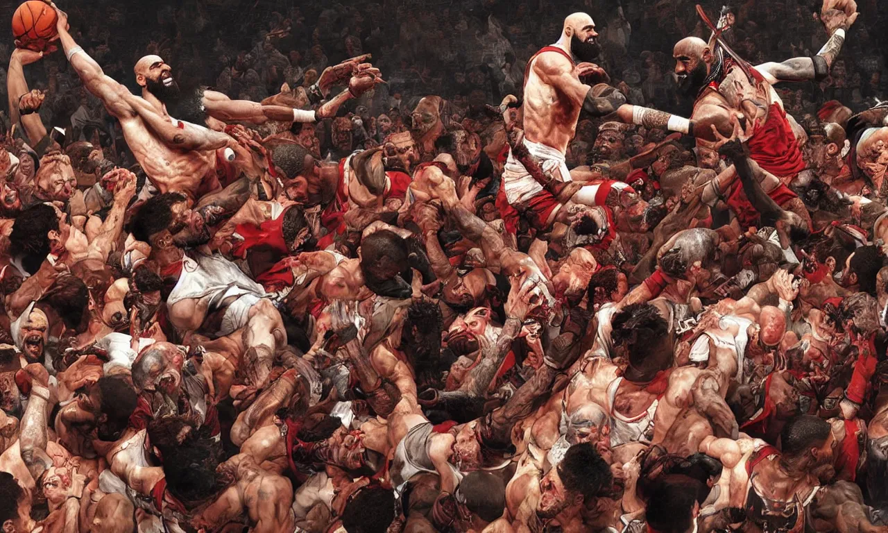 Image similar to a detailed digital art rendition of kratos as lebron james throwing basketballs in a mosh pit, art by norman rockwell