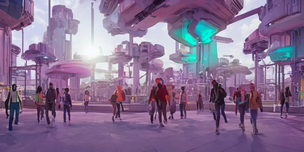 Image similar to A colorful science fiction neigbourhood, in the future. The walls change colour and shape depending on the clothing of the people walking in front of them, epic lighting, 8K, Rendered in Cinema4D, 8K 3D, CGSociety, ZBrush, volumetric light, lightrays, wide angle shot, atmospheric, octane