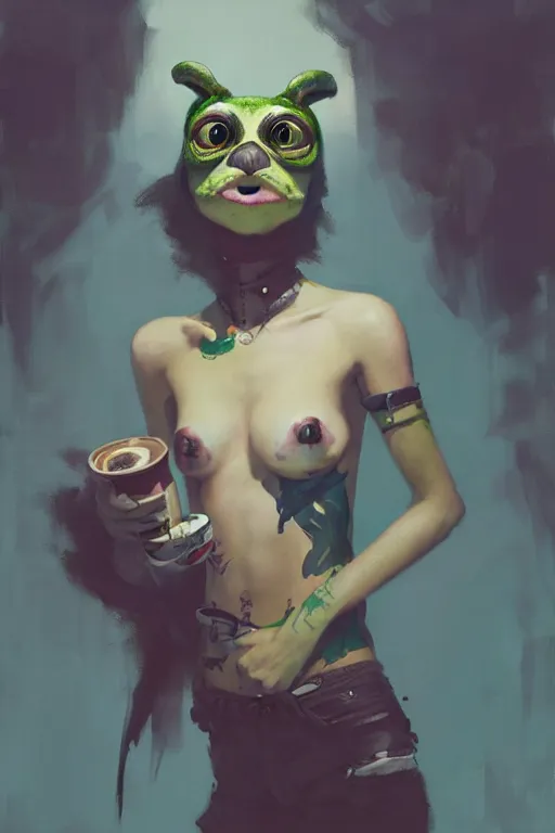 Image similar to portrait of a punk girl on a date with pepe! the frog! drinking coffee in the style of fenghua zhong and ruan jia and jeremy lipking and peter mohrbacher, extremely detailed digital painting, 8 k