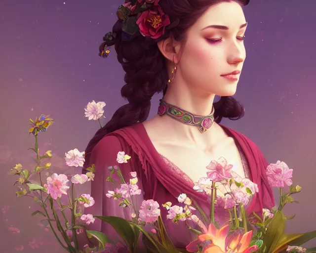 Image similar to a florist, photography of kurzgesagt, deep focus, d & d, fantasy, intricate, elegant, highly detailed, digital painting, artstation, concept art, matte, sharp focus, illustration, hearthstone, art by artgerm and greg rutkowski and alphonse mucha