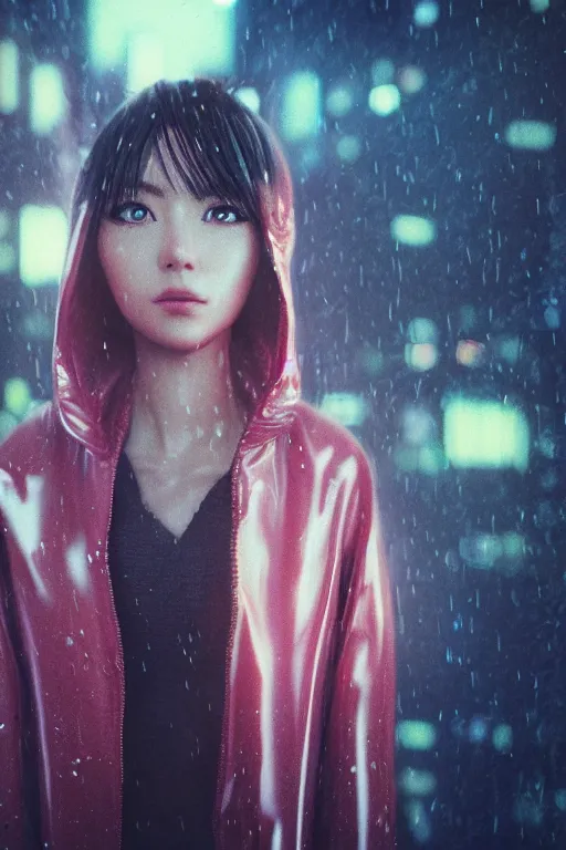 Prompt: Cinestill 800t, 8K, highly detailed, seinen manga 3/4 closeup portrait, eye contact, focus on clear transparent see through raincoat model, tilt shift zaha hadid style anime background: famous blade runner anime remake, pond scene