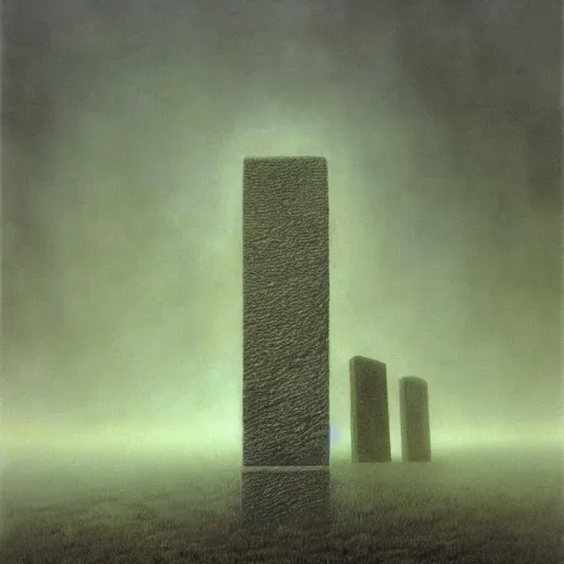 Prompt: arm reaching out of thick fog, 6 stelae pointing down from the sky, untethered stelae, zdzislaw beksinski