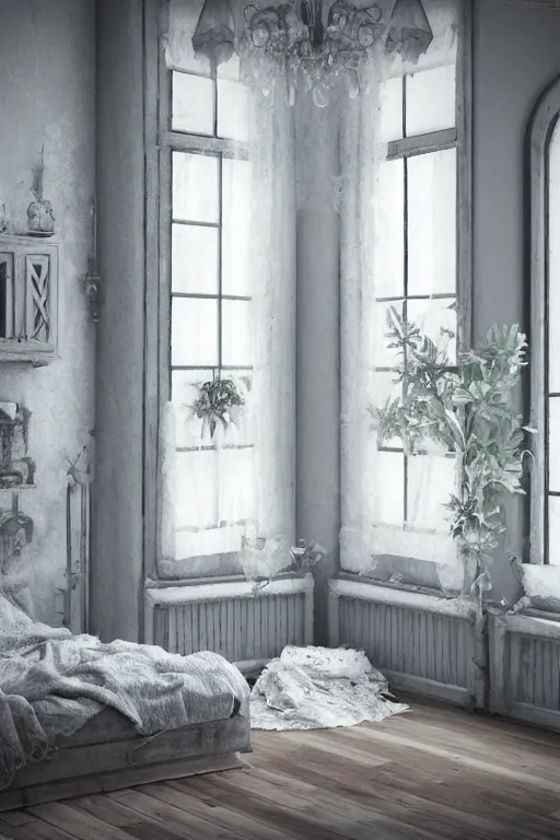 Image similar to matte sharp photo realistic shabby chic room with windows, artstation behance