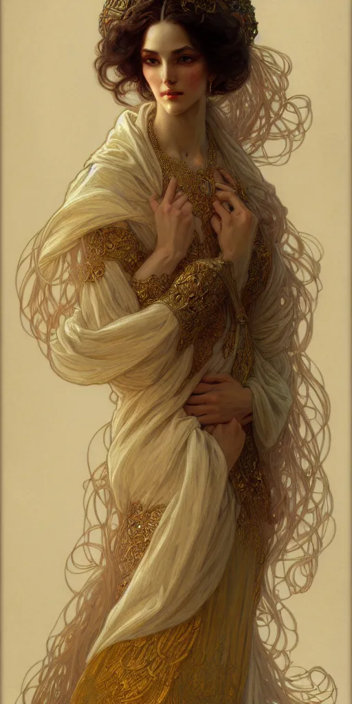 Image similar to character portrait of a modest woman, tall, feminine, powerful, modestly clothed, voluminous, intricate, elegant, highly detailed, digital painting, artstation, smooth, symmetrical, sharp focus, illustration, art by gaston bussiere and alphone mucha