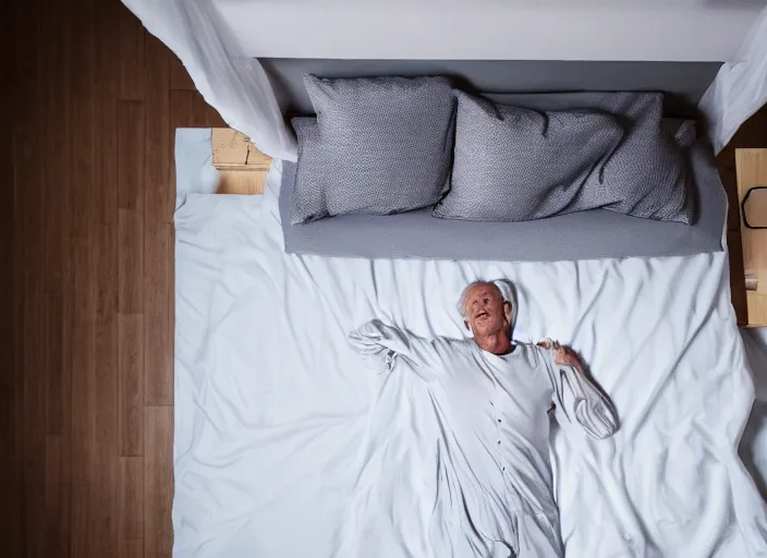 Prompt: a very huge bed, empty, white wrinkled sheets, in which a man in pajamas, floating!!! above the bed, is sleeping on his side, ultrawide shot, aerial view, general llustration, 8 k, sharp focus, studio light, trending on artstation