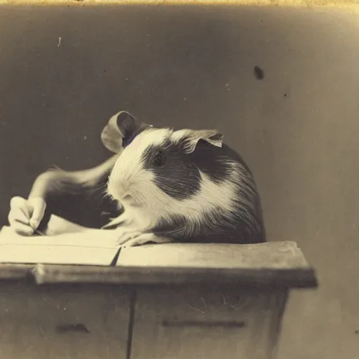 Image similar to a 1 9 th century photograph of a guinea pig writing a letter
