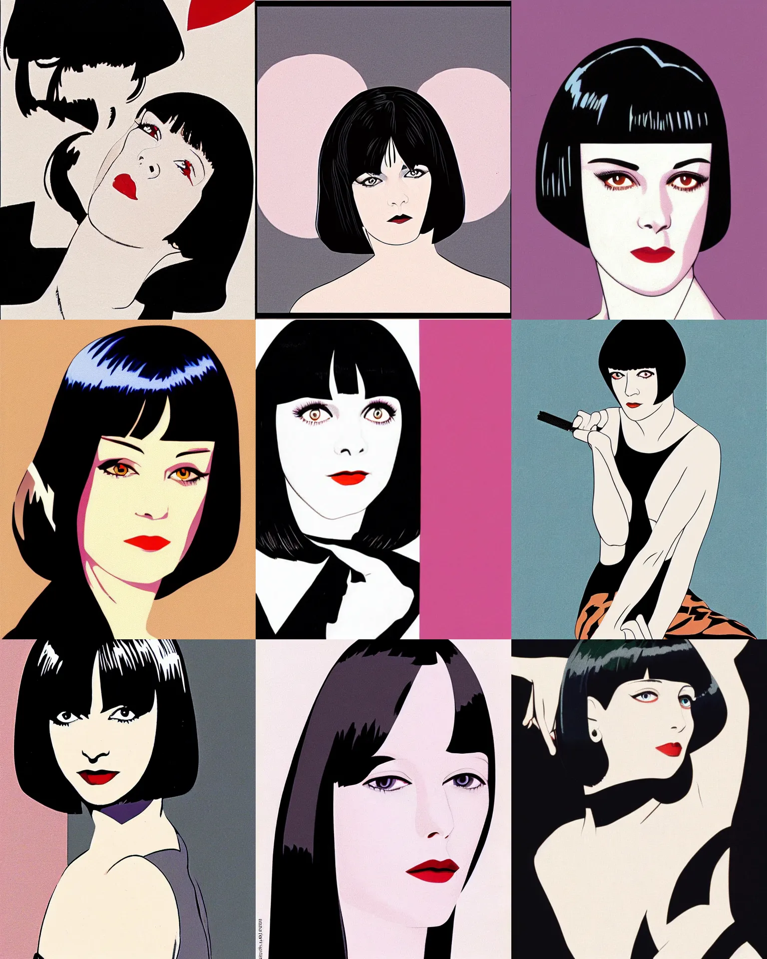 Prompt: mary louise brooks 2 5 years old as mia wallace, in pulp fiction 1 9 9 4, bob haircut, by patrick nagel