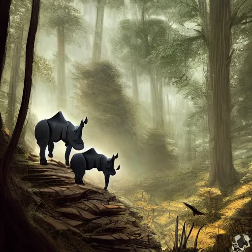 Image similar to a painting of a rhino and a skeleton in a forest, a detailed matte painting by marc simonetti, behance contest winner, fantasy art, matte painting, concept art, matte drawing.