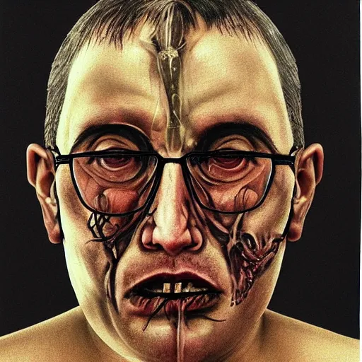 Image similar to Bodyhorror portrait by H.R.Giger of Mikhail Borisovich Khodorkovsky who became a degraded Abomination, photo-realistic, color image, 2K, highly detailed