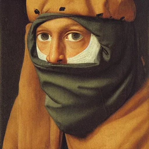Prompt: portrait of a medieval thief wearing balaclava mask by George Stubbs, renaissance painting, oild painting, old master