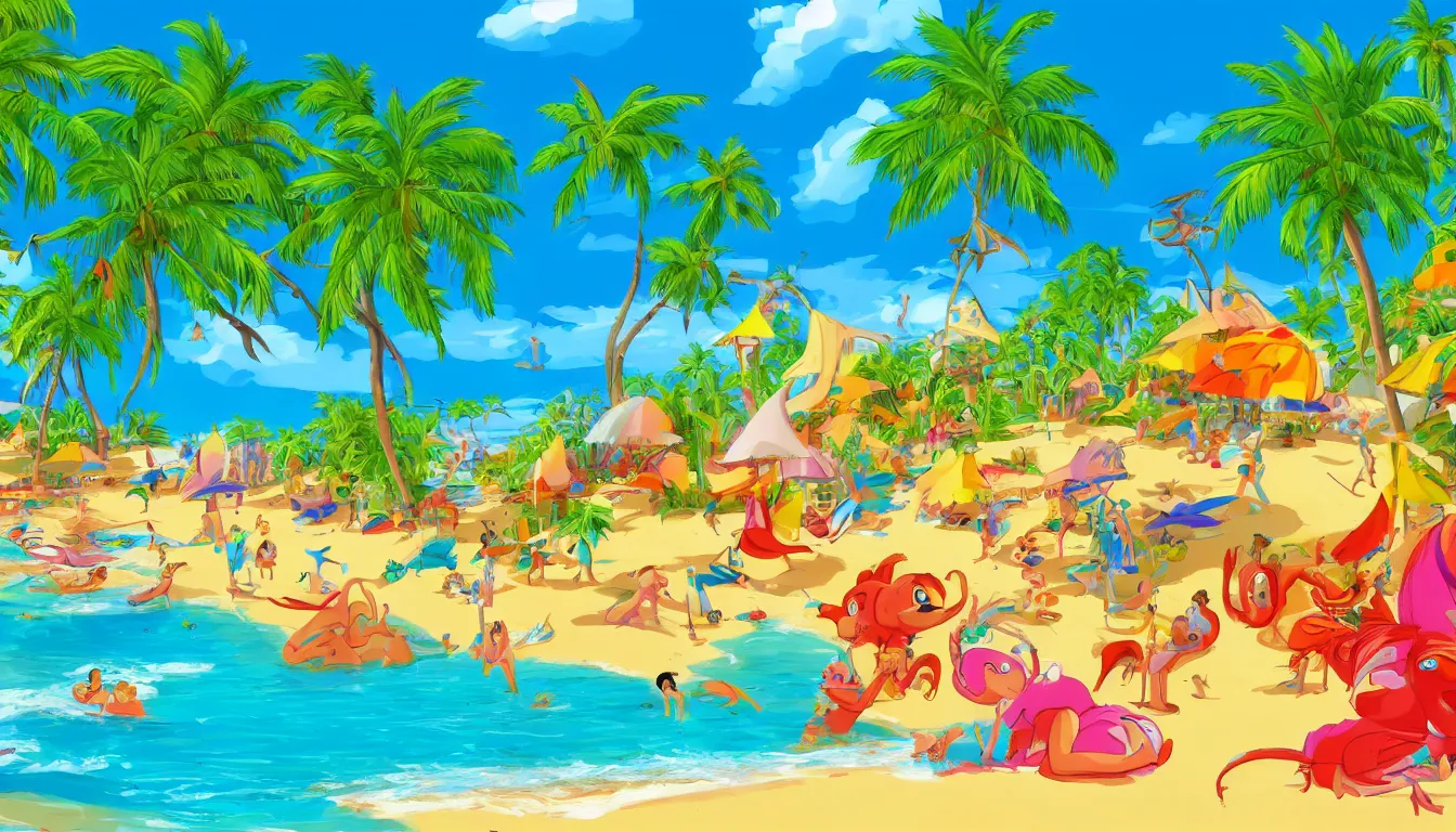 Image similar to a tropical beach scene, Disney cartoon, animation, high detail, colorful