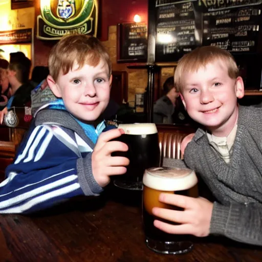 Prompt: kids drinking a Guinness in an Irish pub. Photo