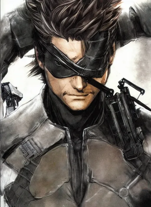 Prompt: solid snake by yoshitaka amano, final fantasy metal gear cover art, concept art, dark hair, sneaking suit