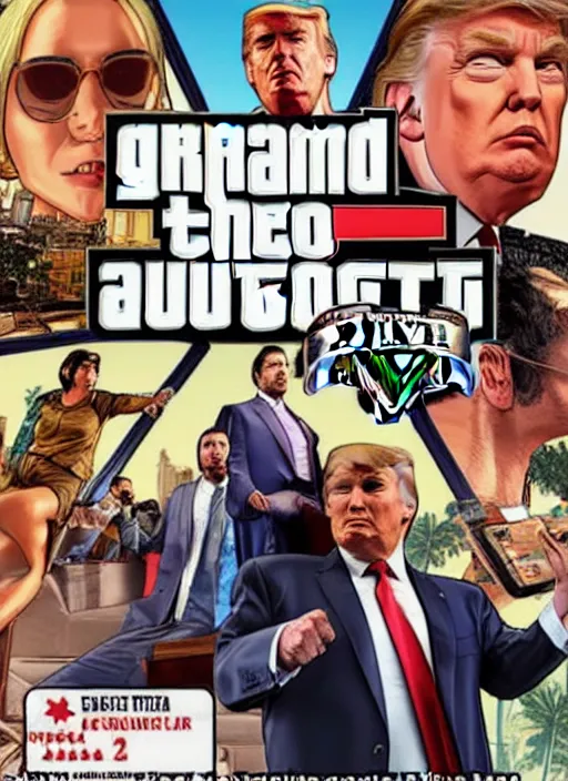 Prompt: gta 5 game poster showing donald trump with cardboard box outside mar - a - lago, wide shot,