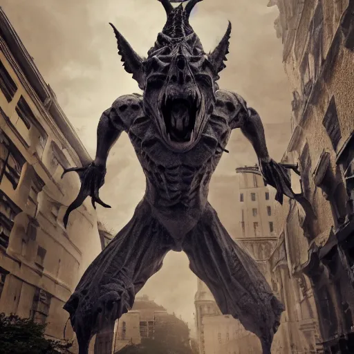 Prompt: full body pose, hyperrealistic photograph of live action gargoyles, dim volumetric lighting, 8 k, octane beautifully detailed render, extremely hyper detailed, intricate, epic composition, cinematic lighting, masterpiece, trending on artstation, very very detailed, stunning, hdr, smooth, sharp focus, high resolution, award, winning photo, dslr, 5 0 mm