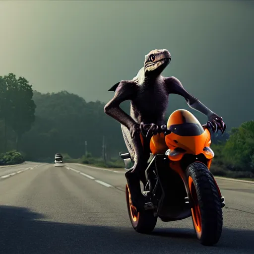 Prompt: a velociraptor driving a motorbike, photorealistic 3 d octane render, unreal engine