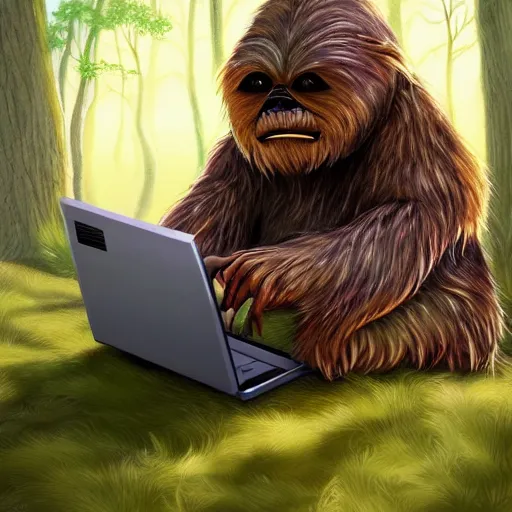 Image similar to studious ewok typing on a computer in the forest, artstation, colorful