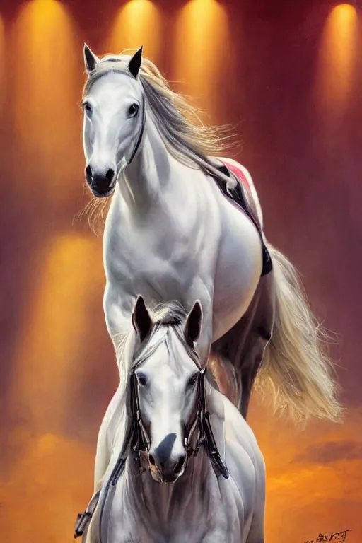 Prompt: Detailed picture of Amanda Seyfried riding a white horse, strong neon lighting, by glenn fabry, hyper realistic, HD, oil on canvas