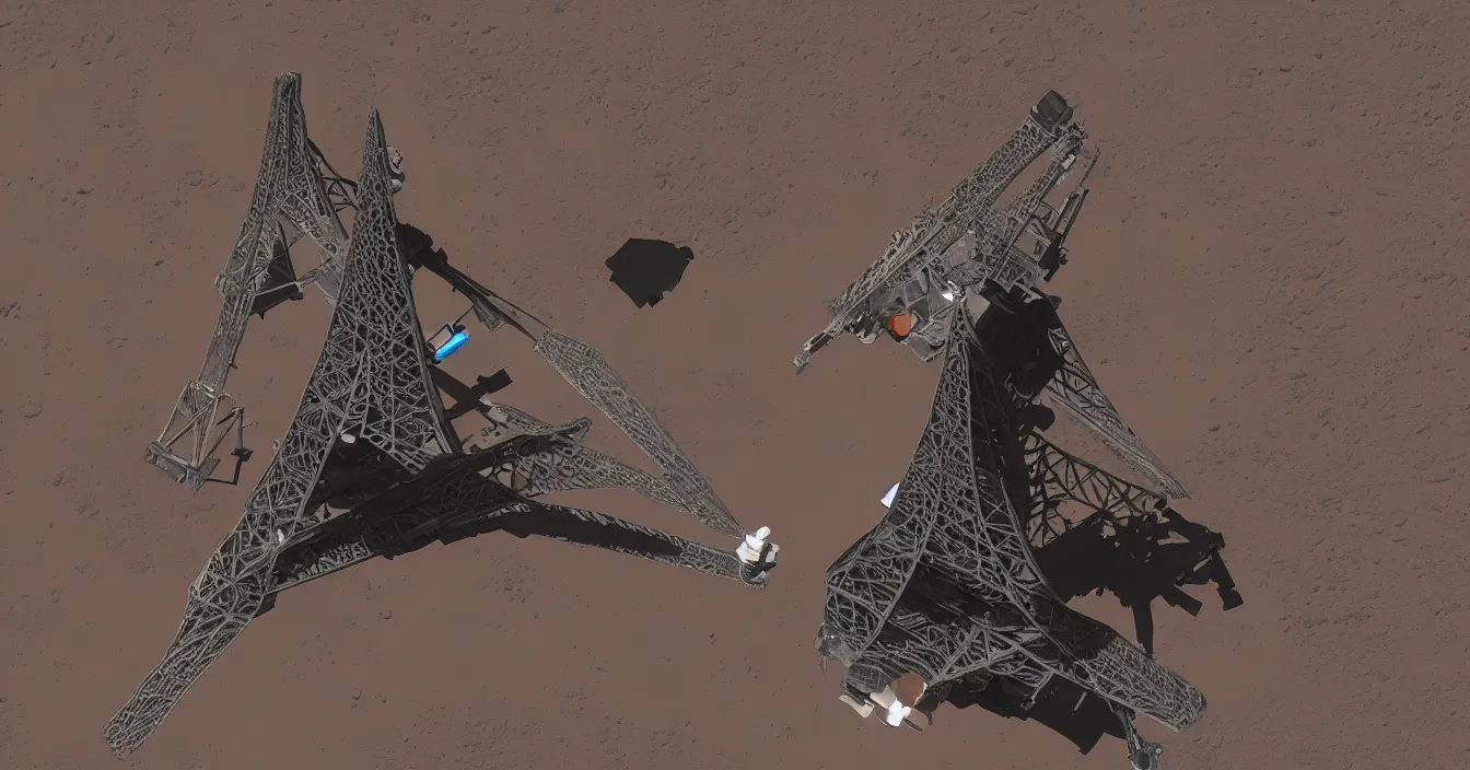 Prompt: spacecraft in the shape of the eiffel tower flies to mars, photorealism, journalistic photography, super detail, composition, qualitative photography