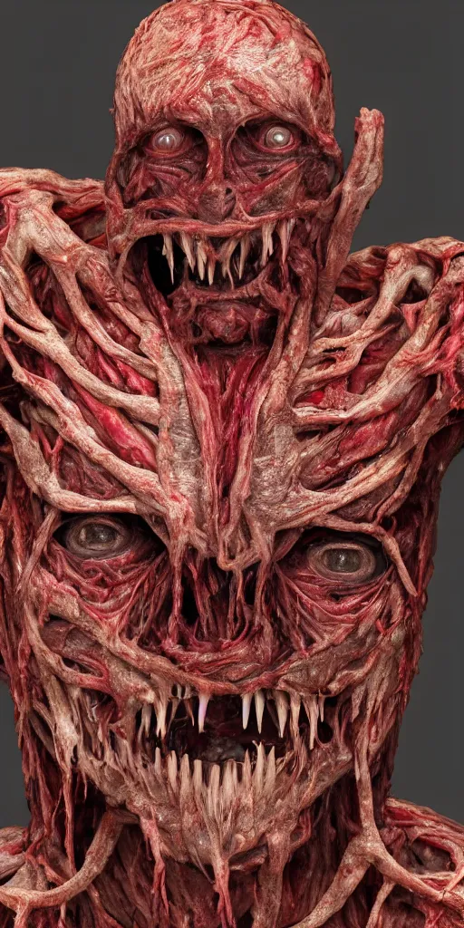 Prompt: smiling photorealistic ultra detailed humanoid creature made of decomposed bloody flesh and bones, the woods, night, extremly detailed, 8 k, realistic, sharp focus, cosmic horror creature, cosmic horror, from the movie the thing, mysterious creature, bloody eyes, big eyes