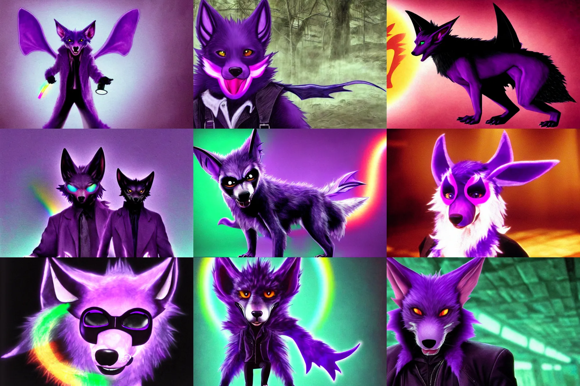 Prompt: ( with a glowing rainbow tail ) a purple wolfbat fursona ( from the furry fandom ) wearing an eyepatch, as a photo from the matrix movie series