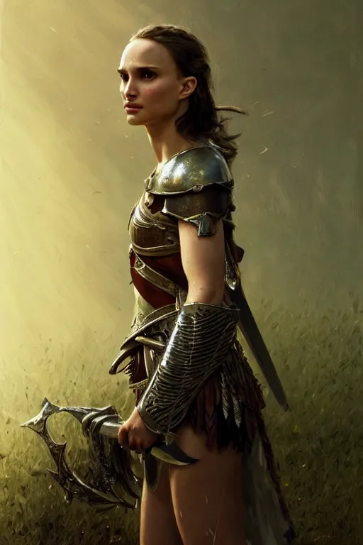 Image similar to natalie portman, legendary warrior, heroic, lord of the rings, tattoos, decorative ornaments, battle armor, by carl spitzweg, ismail inceoglu, vdragan bibin, hans thoma, greg rutkowski, alexandros pyromallis, perfect face, fine details, realistic shading photorealism