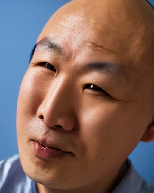 Image similar to gold, blue, photo of a balding asian male, 8 k, 8 5 mm f 1. 8