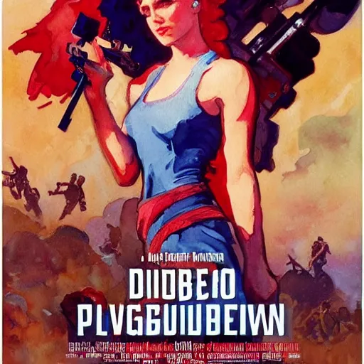 Image similar to vintage movie poster art for pubg by greg manchess, mucha, kandinsky touches, watercolor, in style of rococo, sharp focus, artstation, cinematic lighting, hyper realism, octane render, epic, award - winning, 8 k, hyper detailed.