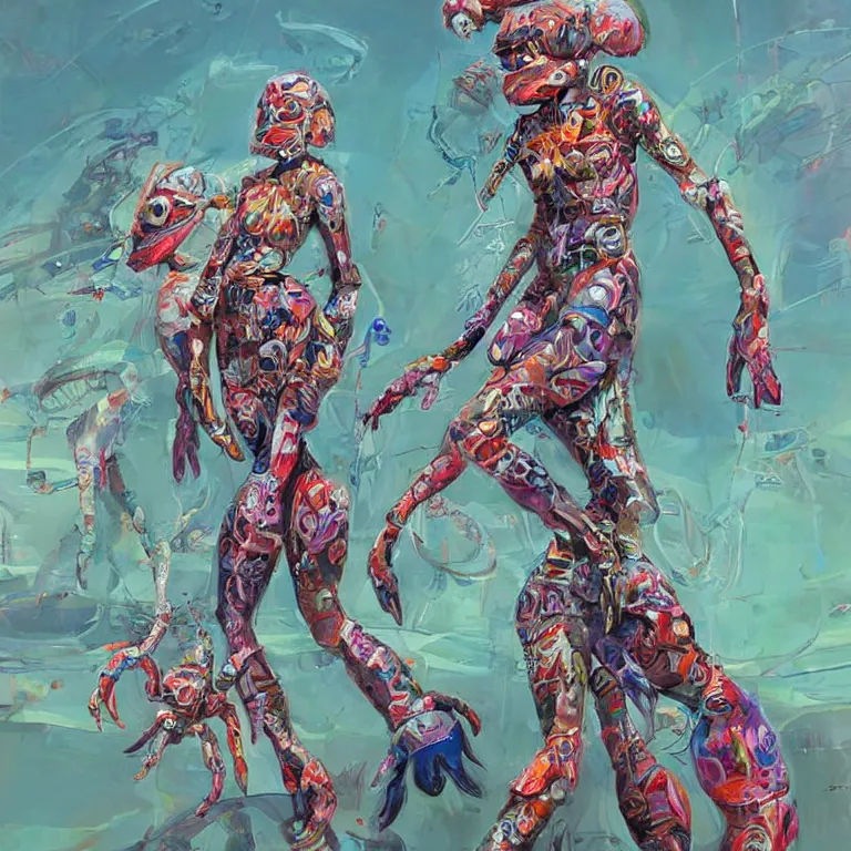 Image similar to fashionable and hyperfuturistic crabgirls by james gurney, incredible art