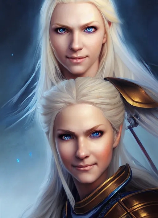 Prompt: a _ fantasy _ style _ portrait _ painting _ of shy white female paladin with blonde hair and blue eyes friendly smile, scar under left eye, holy oil _ painting _ unreal _ 5 _ daz. _ rpg _ portrait _ extremely _ detailed _ artgerm _ greg _ rutkowski _ greg