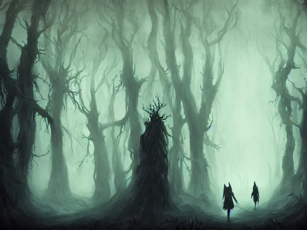 Image similar to fantasy haunted dark forest, foggy, detailed, digital art, a dark forest with humanoids walking through and evil spirits lurk in the shadows, by Anato Finnstark, artstation