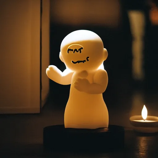 Image similar to a white marble statue of the reddit snoo mascot in a darkened room surrounded by lit candles