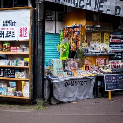 Image similar to a photo of a market stall at a street corner in the style of the film'minority report'taken from a distance, dslr