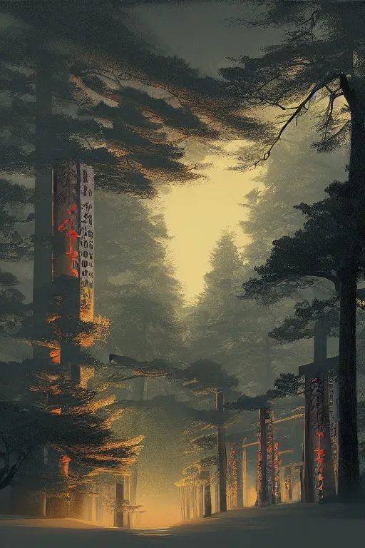 Prompt: Japanese Torii in the center of the picture , torii in a moutain with trees ,night , by Grzegorz Rutkowski, concept art