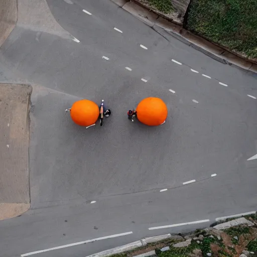 Image similar to Orange fruit with wheels, riding in a italian coastal town highway. Drone cinematic view award winning photography, 8k