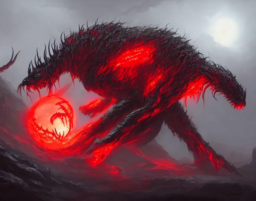 Prompt: Beautiful giant black scorpion with glowing red eyes. Dramatic look. In style of Hyung-tae Kim, Greg Rutkowski and Larry Elmore, concept art, trending on ArtStation, over-detailed art, 8K, epic, dynamic lightning, scenery.