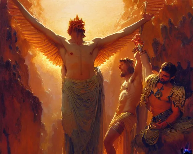 Image similar to attractive pagan male deity, summoning handsome lucifer morning star. highly detailed painting by gaston bussiere, craig mullins, j. c. leyendecker 8 k