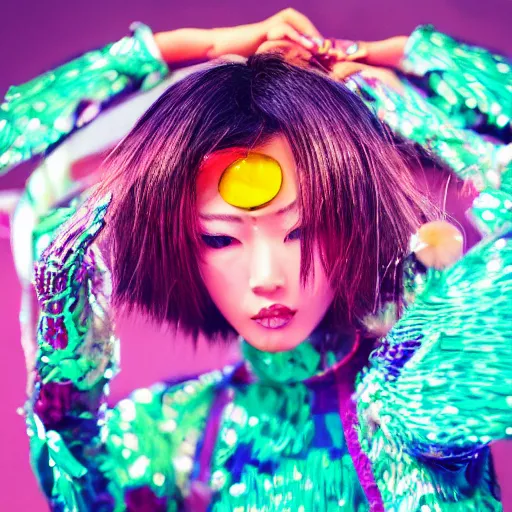 Image similar to japanese model with maximalist hair style and makeup, bright colors, fashion model, portrait shot, gliter, depth of field, 8 k, hyper detailed, intricate, trending on artstation