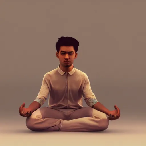 Image similar to a handsome young man sitting in meditation, 3 d render and matte painting, concept art, trending on artstation