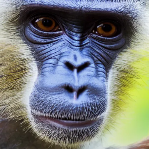 Prompt: photograph of a monkey showing a blue pen towards the camera, 4 k, full hd, highly detailed, close up