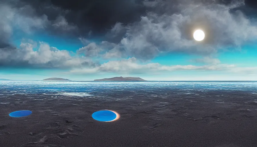 Prompt: solar eclipse in iceland, black sand, colorful clouds, blue sky, water reflection, jessica rossier, art station