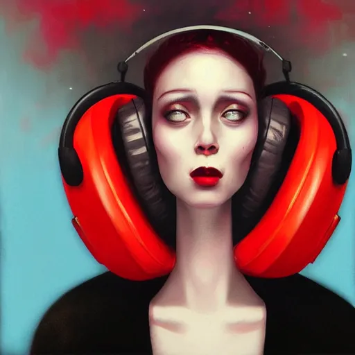 Prompt: portrait of a bald woman with red headphones, staring at you, black background, curious eyes, by Anato Finnstark, Tom Bagshaw, Brom