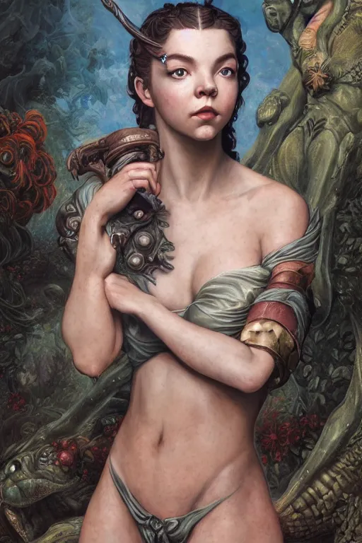 Image similar to A fantasy comic book style portrait painting of Anya Taylor-Joy, Cory Chase, hybrid, as an Atlantean Reptilian Warrior, François Boucher, Oil Painting, Mystical Valkyrie, unreal 5, DAZ, hyperrealistic, octane render, Regal, Refined, Detailed Digital Art, RPG portrait, Michael Cheval, William-Adolphe Bouguereau, Walt Disney (1937), Steampunk, dynamic lighting, Highly Detailed, Cinematic Lighting, Unreal Engine, 8k, HD