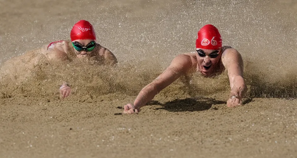Prompt: olympic swimming in sand instead of water, extremely coherent, motion blur