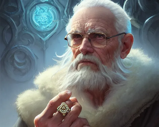 Prompt: old man with rings on all his fingers, deep focus, d & d, fantasy, intricate, elegant, highly detailed, digital painting, artstation, concept art, matte, sharp focus, illustration, hearthstone, art by artgerm and greg rutkowski and alphonse mucha