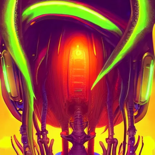 Image similar to african neon necromancer, science fiction, highly detailed, digital painting, beautiful eyes, symmetry, concept art, sharp focus, illustration, global illumination, radiant light, synthwave colors, detailed and intricate environment, art by artgerm and greg rutkowski and magali villeneuve and ilya kuvshinov!