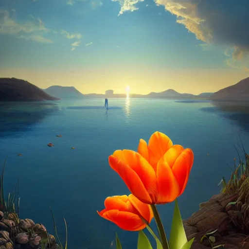 Prompt: orange Tulip with a lake view, intricate, highly detailed, digital painting, artstation, concept art, smooth, sharp focus, illustration, Unreal Engine 5, 8K, art by artgerm and greg rutkowski and alphonse mucha