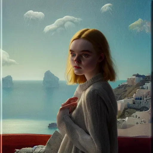 Image similar to Elle Fanning in Santorini in the world of Adam Wyeth, stormy weather, extremely detailed masterpiece, oil on canvas, low-key neon lighting, artstation, Blade Runner 2049, Roger Deakin’s cinematography, by J. C. Leyendecker and Peter Paul Rubens and Edward Hopper and Michael Sowa,