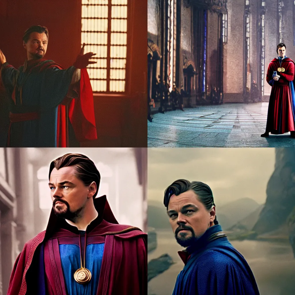 Prompt: leonardo dicaprio as doctor strange, cinestill colour, anamorphic