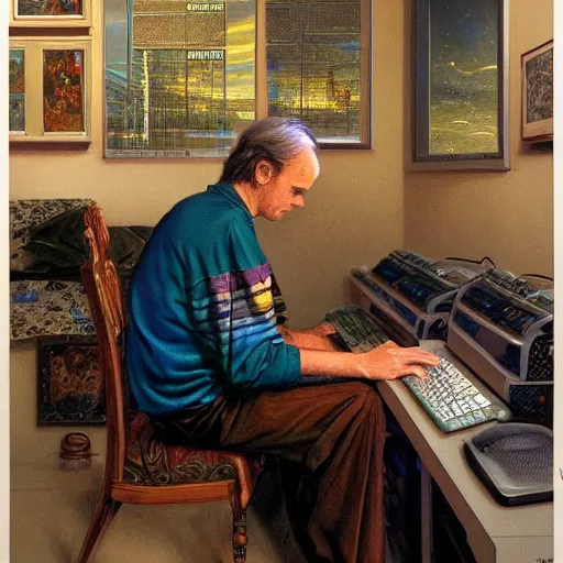 Image similar to Man sitting at his 80s computer programming late at night, candid art by Donato Giancola and James Gurney, digital art, trending on artstation